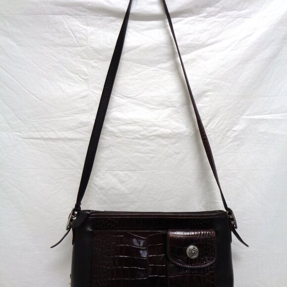 VTG BRIGHTON Organizer Black & Brown Leather Croc Embossed Shoulder Bag Purse - Picture 2 of 16